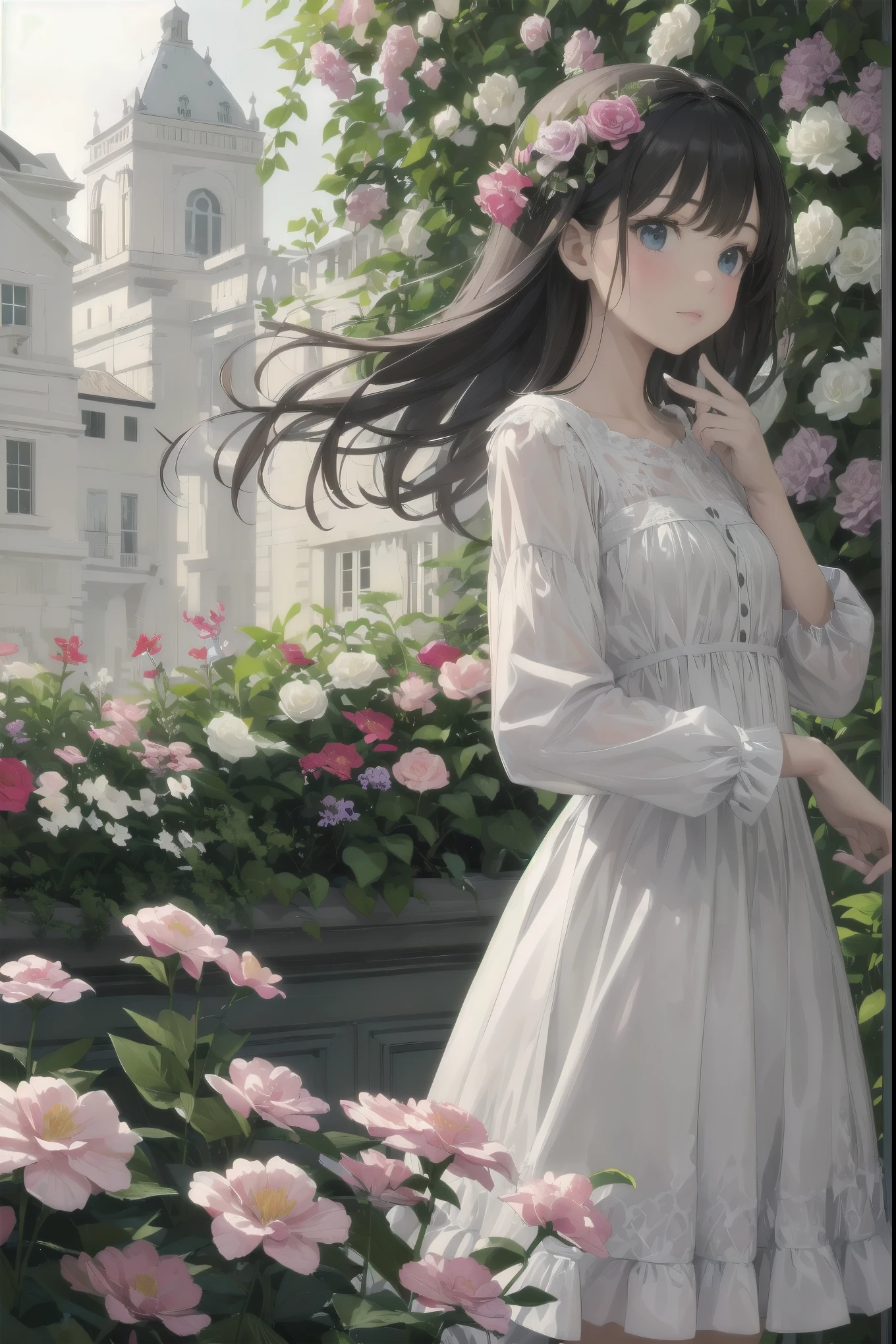 A patient girl admiring flowers in a flower garden