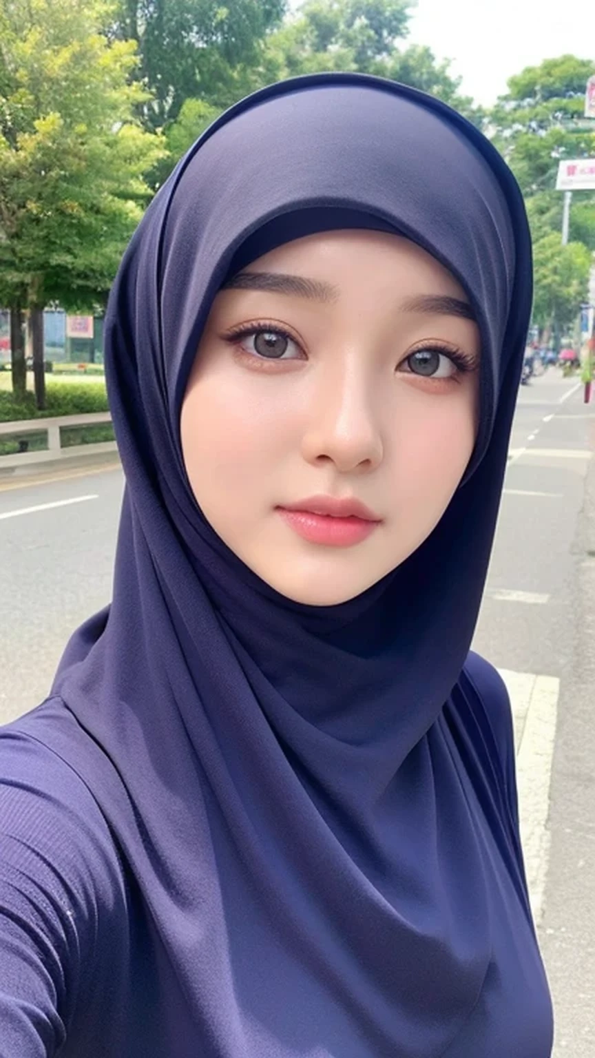 （lifelike， High resolution：1.3）， 1 Girl with perfect body， very detailed face and eyes，hijab, indonesian：1.2, whole body, beautiful, city roads, cute face