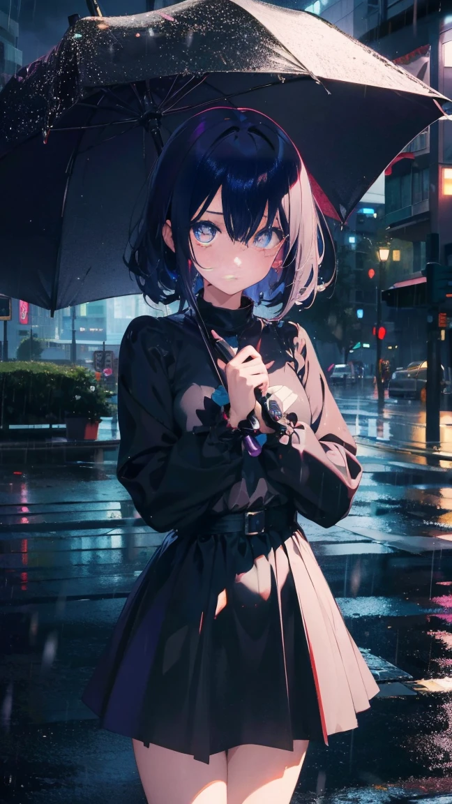 1 anime girl, alone,Black petals flutter, A mysteriously shining butterfly.city,vivid hair,Vivid gemstone eyes,thin legs,Gloomy cloudy sky,sad expression,very clear,highest quality,rainy city,have an umbrella,standing on street corner,Are crying,tears