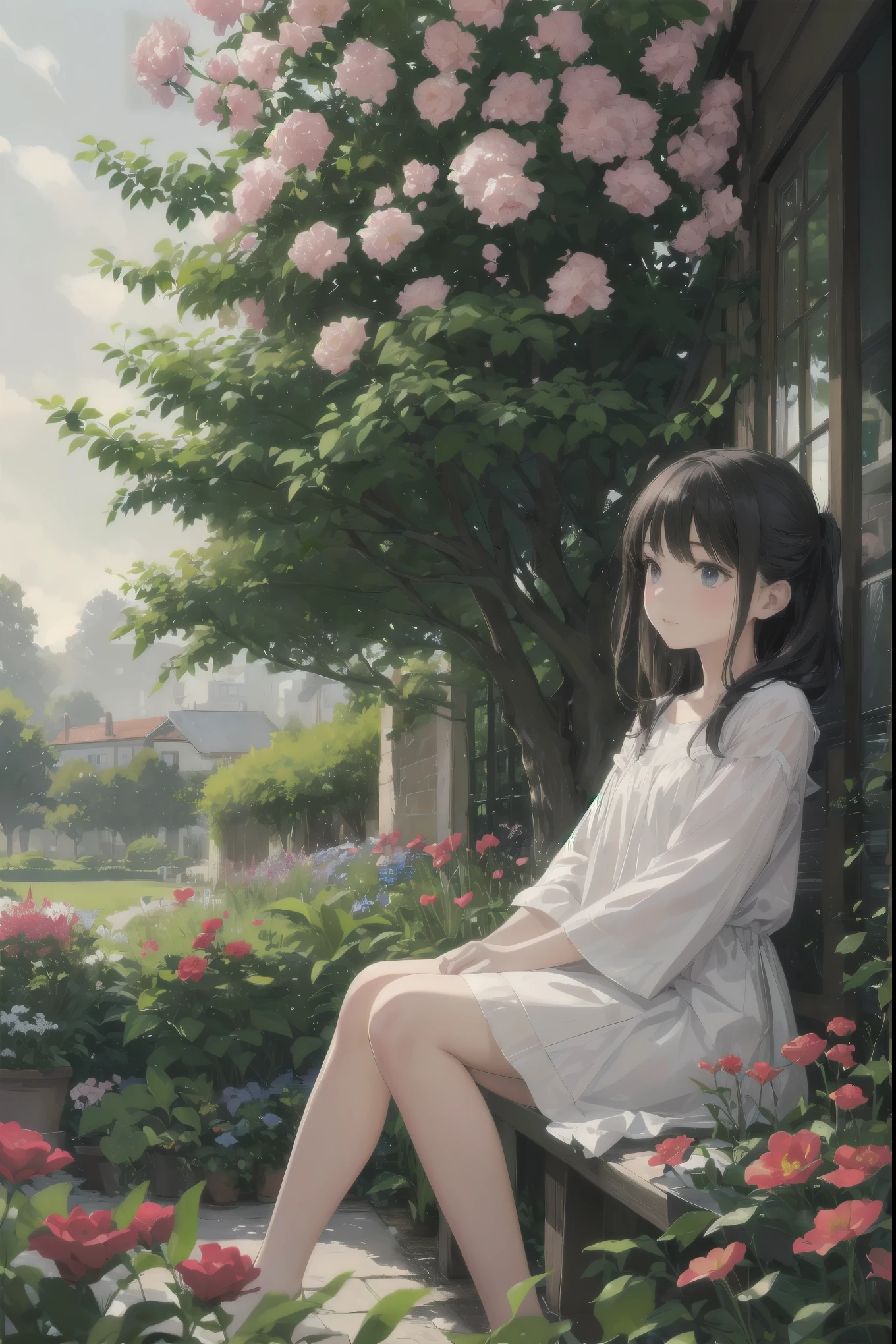 A patient girl admiring flowers in a flower garden