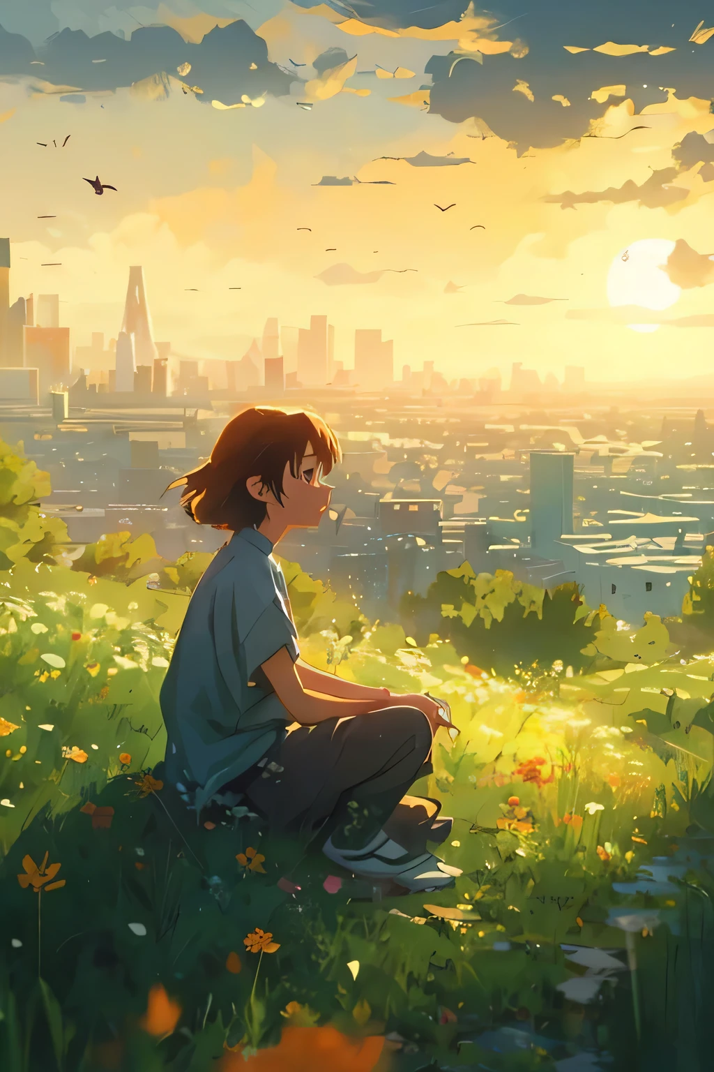 japanese cartoon movies girl sitting on a hill looking at the city, makoto shinkai cyril rolando, japanese cartoon movies background, Looking at the setting sun. japanese cartoon movies, beautiful japanese cartoon movies scene, japanese cartoon movies nature, japanese cartoon movies background art, lopi girl, studio glibly makoto shinkai, Makoto Shinkai Style, in Makoto Shinkai Style, japanese cartoon movies nature wallpap