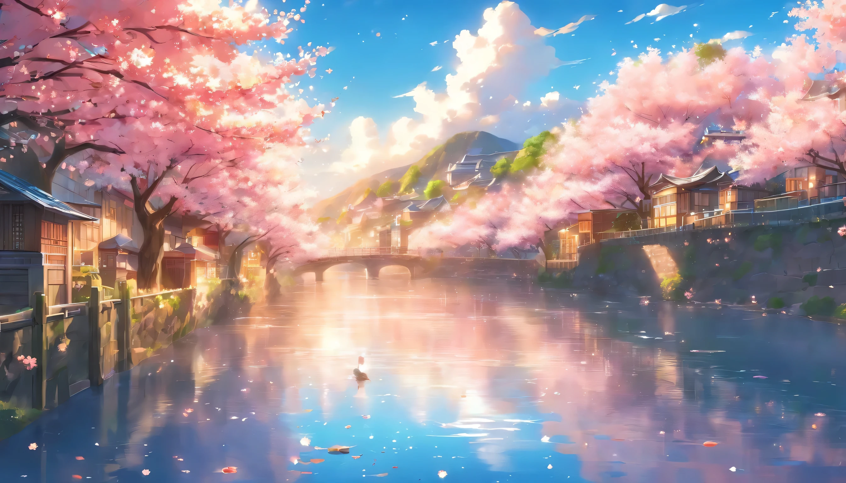 A town where cherry blossoms bloom,beautiful blue sky,River side,landscape,no one,masterpiece