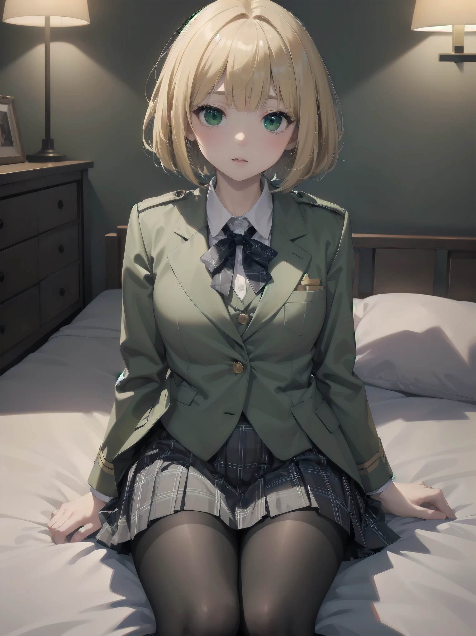 Top-High quality、Highest image quality、masterpiece、high contrast、Vulgarity、erotic expression、high school girl、on the bed、blonde、Bob cut braids、uniform、(brown blazer)、ribbon tie、(Green and gray plaid skirt)、(black tights)、cinematic lighting、fine shading、cute、Truly unbelievably cute absurd