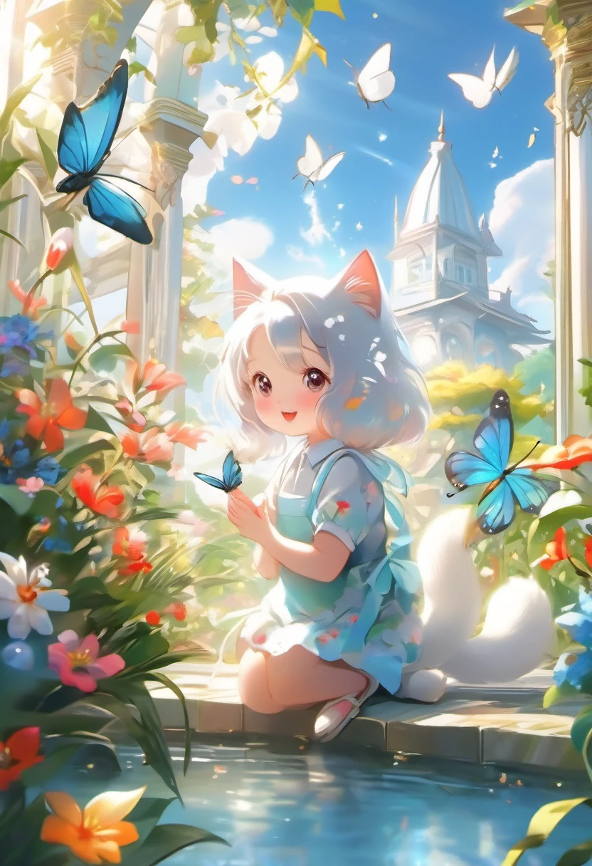 This scene is very fascinating。A girl and a white kitten are in a beautiful garden。 The girl is looking at the white kitten with amusement。The white kitten is having fun trying to catch a butterfly。 The garden is decorated with lush greenery and colorful flowers.。The garden is bathed in spring sunlight, giving it a warm glow.。A bright number of people surround a white kitten々Butterflies are flying。The flying butterflies create a lively atmosphere.。 The white kitten is expressive、The detailed fur and unique folded ears add to its charm.。The gardens are beautifully maintained、Neatly trimmed bushes and々Various plants are arranged。The stream&#39;s crystal clear water reflects the serene environment.、Colorful facade of house in the distance々adds a bit of whimsy to the scene.。 The scene has an atmosphere of tranquility and contemplation.、Expressing the world of high fantasy。Guardian nebula of rainbow light and silvery vapor、The colors of the Corrosive Encirclement Ray family fill the sky、There is a slimy feeling in the air.。A beautiful piece of artwork that exudes a mysterious aura.。