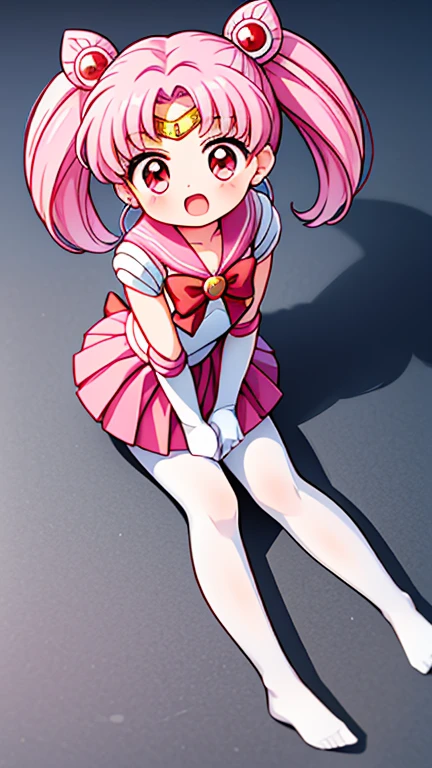 sailor moon，childhood，Young，Seven ，Cute little loli，Pink hair twintails，short hair，red eyes，Sailor suit，bow tie，White elbow gloves，red skirt，no shoes，Open your mouth，laughing out loud，sitting，short legs，white pantyhose