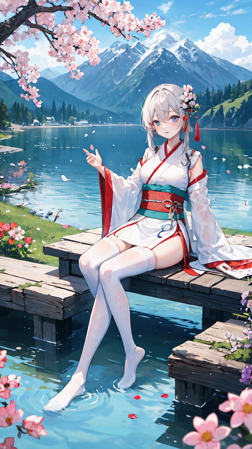 hanfu, 1 girl, medium breasts, split, Mountain, soaking foot, sitting, Chinese park background,white stockings,clear water,(foot:1.3), too many flowers,