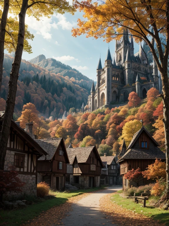 medieval fantasy village in a bewildered autumn forest