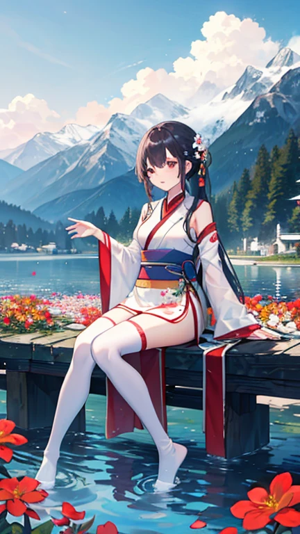 hanfu, 1 girl, medium breasts, split, Mountain, soaking foot, sitting, Chinese park background,white stockings,clear water,(foot:1.3), too many flowers,