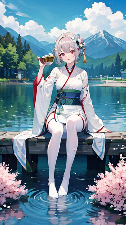 hanfu, 1 girl, medium breasts, split, Mountain, soaking foot, sitting, Chinese park background,white stockings,clear water,(foot:1.3), too many flowers,