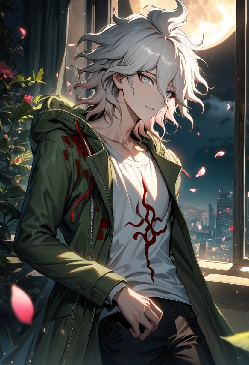 Ultra detailed, Highres, absurdres, HDR, Komaeda Nagito, white hair, silver eyes, green long coat, white t-shirt, black pants, Danganronpa 2, 1 man only, moon, window, petals, handsome,