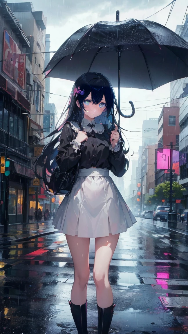 1 anime girl, alone,Black petals flutter, A mysteriously shining butterfly.city,vivid hair,Vivid gemstone eyes,thin legs,Gloomy cloudy sky,sad expression,very clear,highest quality,rainy city,have an umbrella,standing on street corner,Are crying,tears