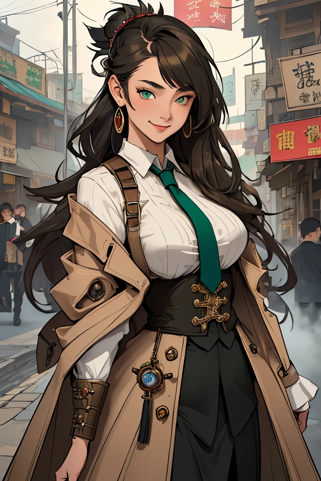 (masterpiece:1.3), (disorganized:1.3), (highest quality:1.3),perfect anatomy,detailed face,Steam punk, victorian era,Hong kong,horizontal angle,hands,looking at viewer, (Super detailed:1.3),(best shadow:0.7), (treated hair), fine eyes, beautiful eyes, 1 matured samurai lady, alone, long hair, big breasts, crystal earrings, light_smile, closed_mouth, arm_behind_return, (green flock coat,white shirt,tie), rest outdoors, cowboy shot,