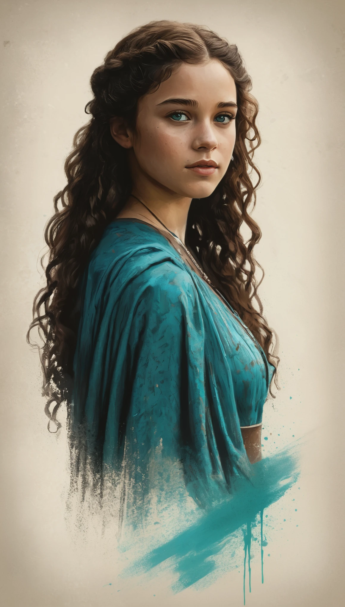 An illustrated movie poster, hand-drawn, full color, a Westerosi age girl, wearing a regal chiton, warm brown complexion, freckles, turquoise eyes, dark hair, long loose curls, waist-length hair, posing on a pedestal, hard shadows, graphite shading, stencil marks, airbrushed acrylic paint, masterpiece, in the style of Game of Thrones