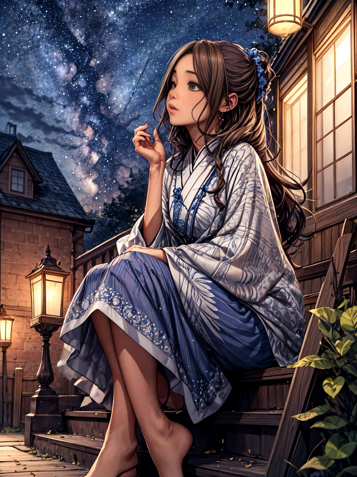 Girl looking up at the Milky Way Galaxy、Wearing fluttering earth-toned ethnic clothing、star々Wishing for something、There&#39;s a small light at her feet。