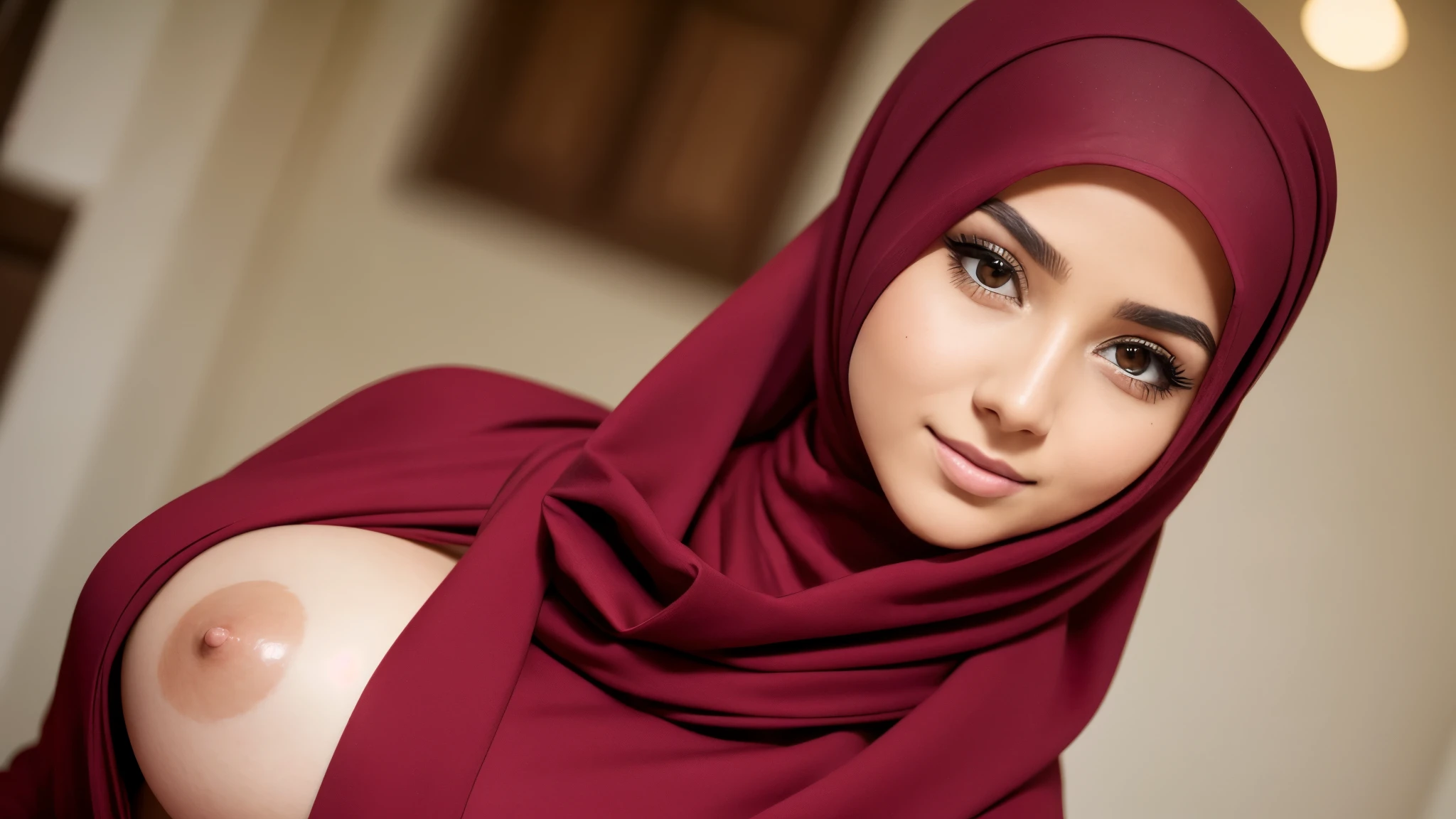 RAW, Best quality, high resolution, masterpiece: 1.3), beautiful girl in hijab,Masterpiece, perfect slim fit body, Huge breast,big gorgeous eyes, Soft smile,a close up of a woman in bra and scarf, maroon red, wearing attire, wearing beautiful clothes, beautiful design, hijab, in crimson, very beautiful enga style, beautiful masterpiece, fine details. red, wearing gorgeous clothing, crimson themed , (Delicate turtleneck) , necklace, shairband, afternoon walk, City garden, Excellent lighting, Bright colors, Clean lines