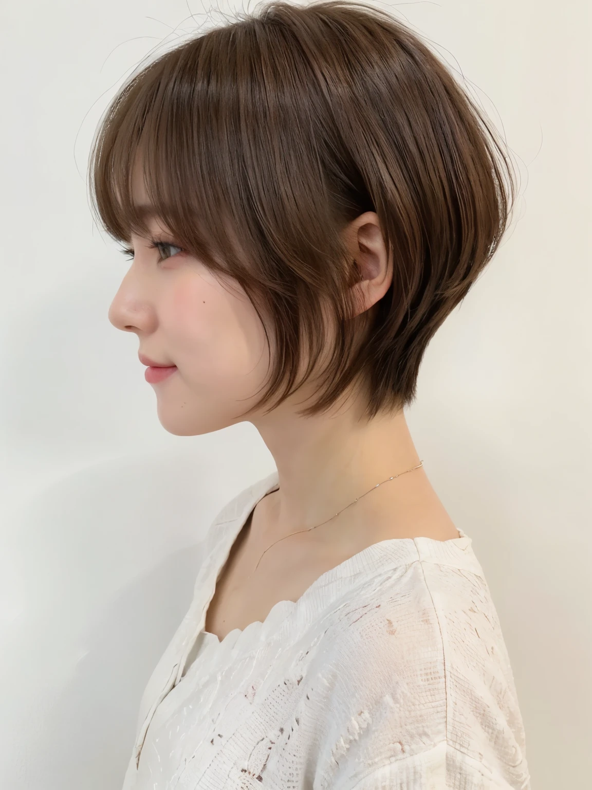table top、(8K、Raw photo、highest quality、masterpiece:1.2)、face down、look down、white wall、Taken in front of the white door、Light orange long sleeve dress Beautiful shiny hair、High-definition RAW color photo、professional photos、(realistic、photo realistic:1.37)、Photographed in natural light、1 girl、laughter、いろいろpose、break (ombre:1.3) 、spring clothes、simple necklace、(Beautiful profile:1.3)、Don'don't look at the camera、profile、((Hair color is dark brown))、shortcut、short hair、short hair、fluffy hair、Mr.々pose