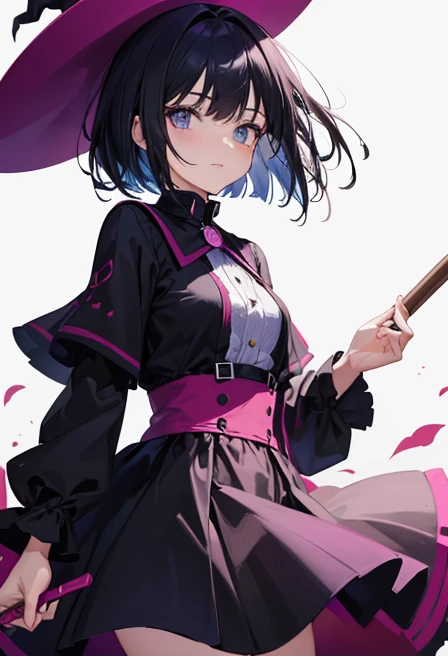 Witch's outfit, Anime-style portrait of a girl with a deep violet bob cut making eye contact with the camera, bright eyes, baby-faced, subtle smile, minimalistic background to emphasize character, high contrast, clean lines, digital painting, vivid colors