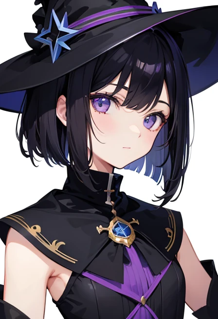 Witch's outfit, Anime-style portrait of a girl with a deep violet bob cut, {Golden eyes}, bright eyes, baby-faced, eye contact with the camera, subtle smile, minimalistic background to emphasize character, high contrast, clean lines, digital painting, vivid colors