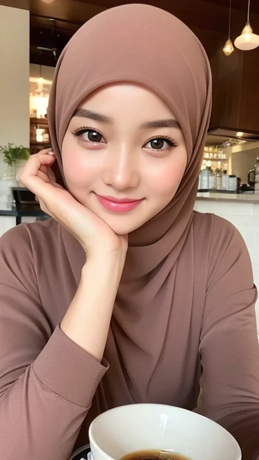 （lifelike， High resolution：1.3）， 1 Girl with perfect body， very detailed face and eyes，hijab, indonesian：1.2, whole body, beautiful, cafe, cute face, smile