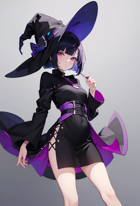 Witch's outfit, Anime-style portrait of a girl with a deep violet bob cut making eye contact with the camera, bright eyes, baby-faced, subtle smile, minimalistic background to emphasize character, high contrast, clean lines, digital painting, vivid colors