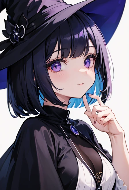 Witch's outfit, Anime-style portrait of a girl with a deep violet bob cut making eye contact with the camera, bright eyes, baby-faced, subtle smile, minimalistic background to emphasize character, high contrast, clean lines, digital painting, vivid colors