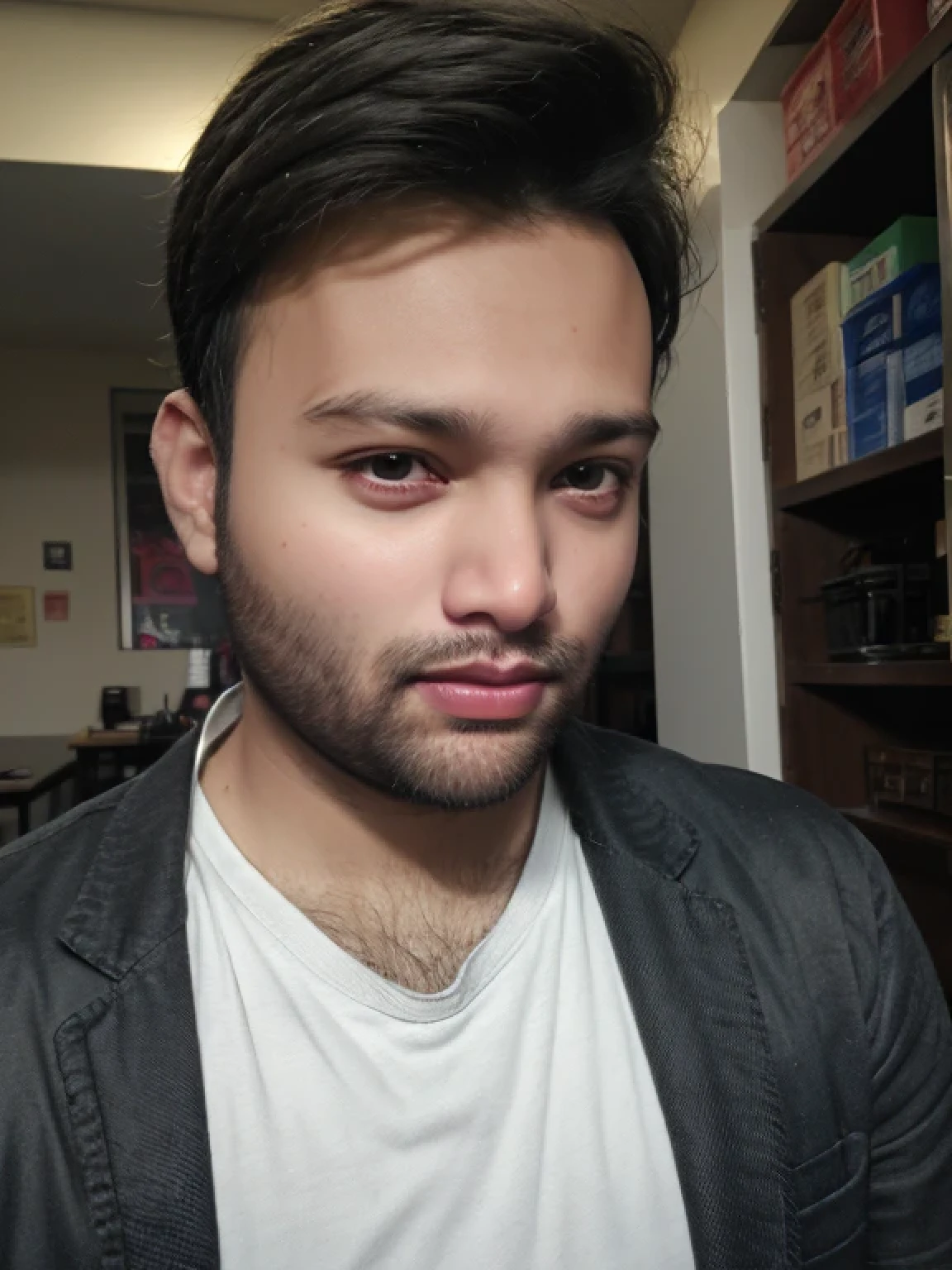 A beautiful young bearded man with highly detailed skin looking at the camera,8k,high res, soft light,no contrast,ultra realistic, photorealism.((real life photo,realistic:1.9, short beard:1)),(wearing black suits looking at right)