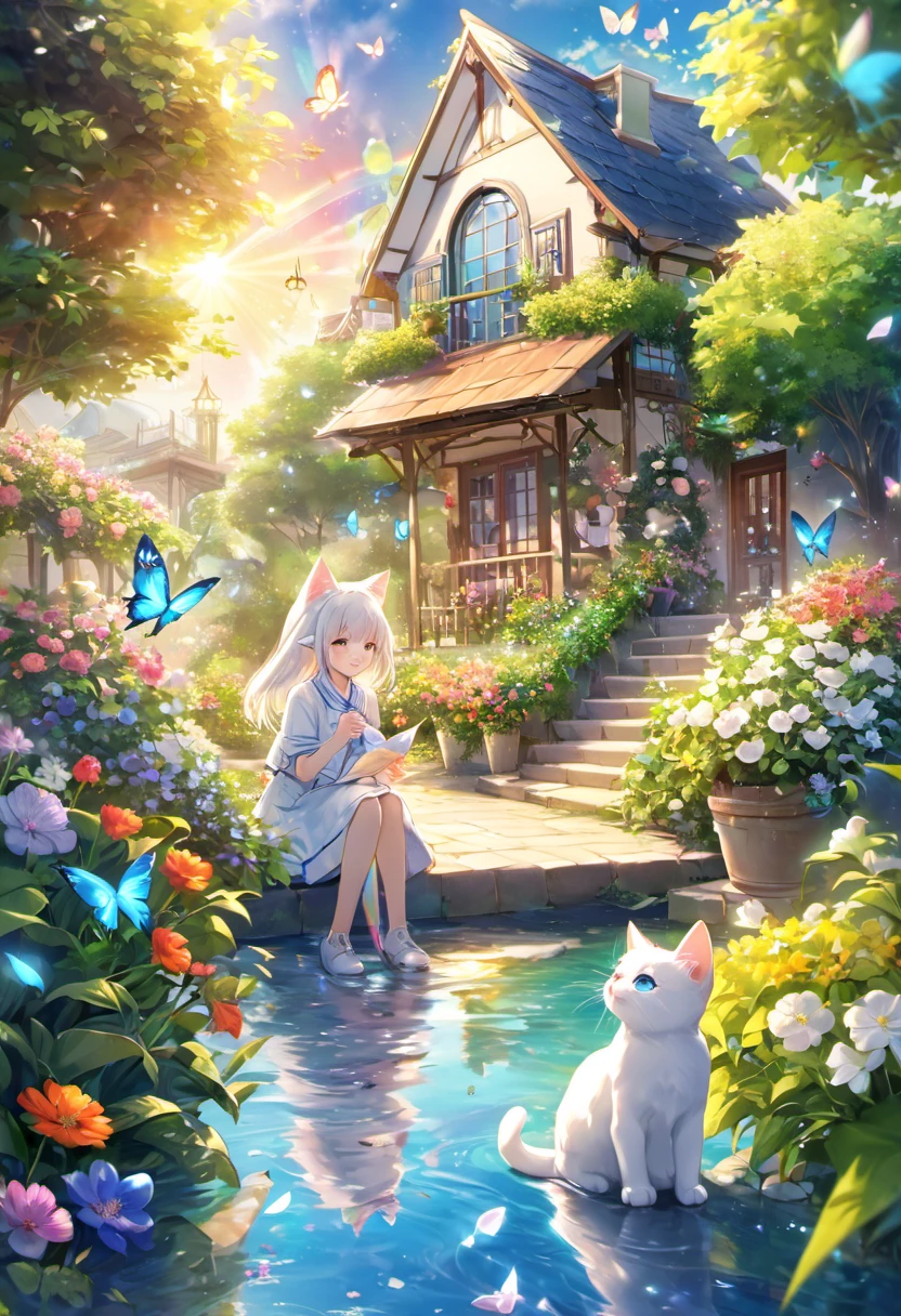 This scene is very fascinating。A girl and a white kitten are in a beautiful garden。 The girl is looking at the white kitten with amusement。The white kitten is having fun trying to catch a butterfly。 The garden is decorated with lush greenery and colorful flowers.。The garden is bathed in spring sunlight, giving it a warm glow.。A bright number of people surround a white kitten々Butterflies are flying。The flying butterflies create a lively atmosphere.。 The white kitten is expressive、The detailed fur and unique folded ears add to its charm.。The gardens are beautifully maintained、Neatly trimmed bushes and々Various plants are arranged。The stream&#39;s crystal clear water reflects the serene environment.、Colorful facade of house in the distance々adds a bit of whimsy to the scene.。 The scene has an atmosphere of tranquility and contemplation.、Expressing the world of high fantasy。Guardian nebula of rainbow light and silvery vapor、The colors of the Corrosive Encirclement Ray family fill the sky、There is a slimy feeling in the air.。A beautiful piece of artwork that exudes a mysterious aura.。