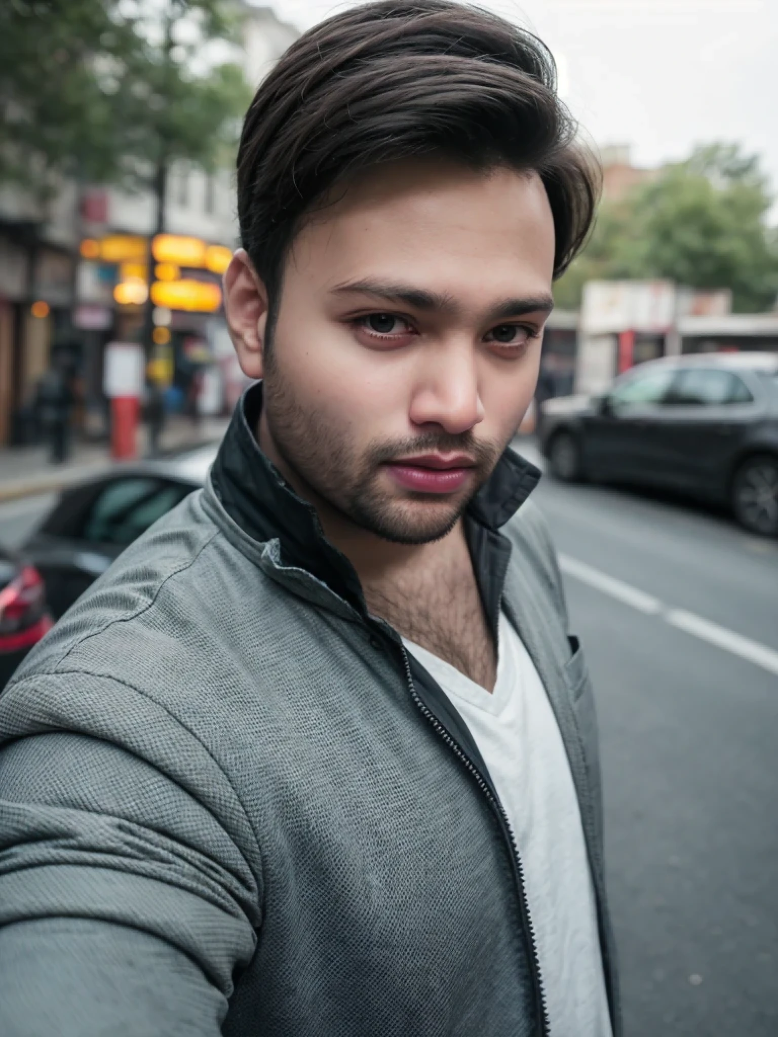 A beautiful young bearded man with highly detailed skin looking at the camera,8k,high res, soft light,no contrast,ultra realistic, photorealism.((real life photo,realistic:1.9, short beard:1)),(wearing black suits looking at right)
