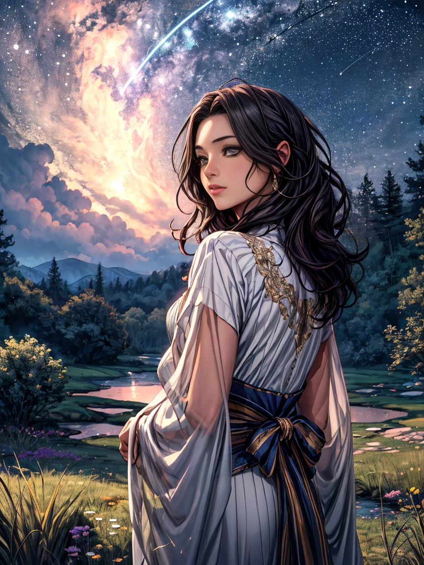 (best quality, highres, realistic:1.37), ultra-detailed, a girl looking up at the Milky Way galaxy, wearing a flowing earth-toned ethnic costume, her eyes sparkling with wonder, full of hopes and dreams, a sense of serenity in her expression, surrounded by flickering stars, radiating a soft glow, the night sky painted with vibrant colors, magical and ethereal, the girl standing on a lush green meadow, a gentle breeze gently rustling her hair, a sense of tranquility and harmony in the peaceful scenery.