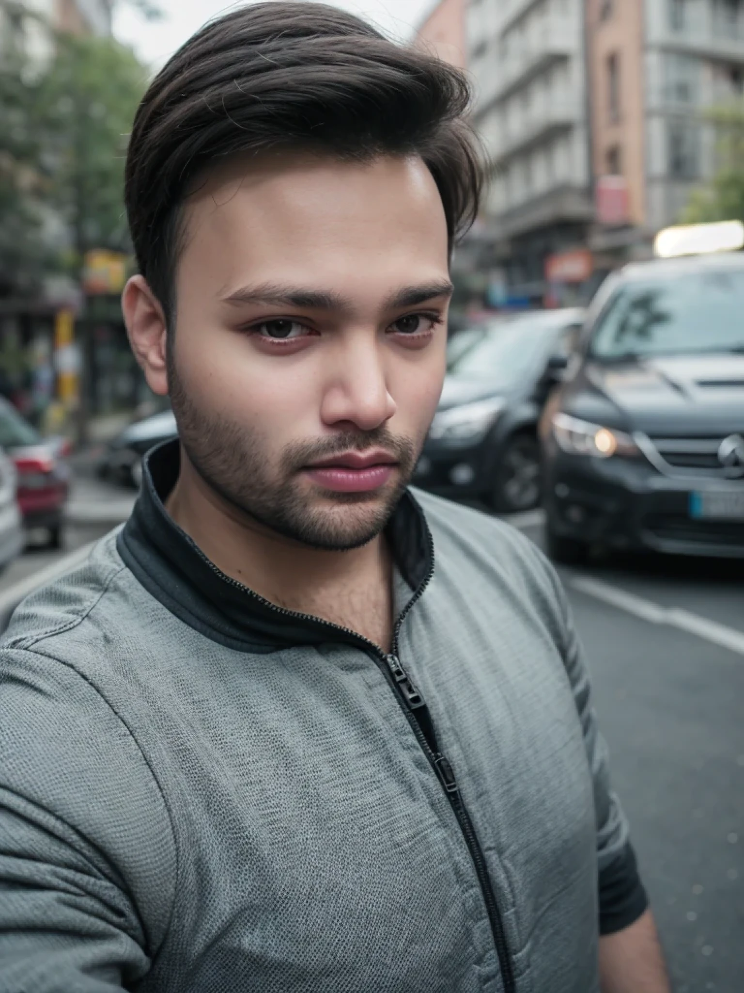 A beautiful young bearded man with highly detailed skin looking at the camera,8k,high res, soft light,no contrast,ultra realistic, photorealism.((real life photo,realistic:1.9, short beard:1)),(wearing black suits looking at right)