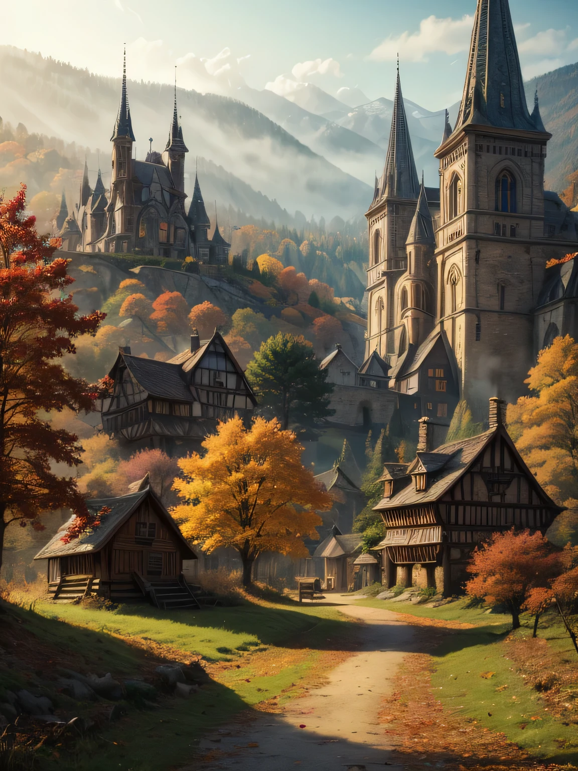 medieval fantasy village in a bewildered autumn forest