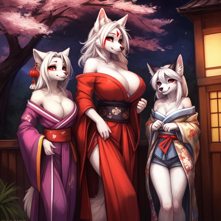 by kenket, Ross Tran, ruan jia, zaush, foxovh, by Zackary911, by hyattlen, by teranen, by fumiko, by Pixelsketcher, by fluff-kevlar, bye r-mk, by Dimwitdog, Furry, Anthro, ((mother and daughters)), BREAK, First Daughter: ((oiran), prostitute, (luxurious kimono), female white fox with red markings, kemono, (((medium breasts))), slight cleavage, long (elegant) white hair, white fur, young girl, cute, revealing outfit, innocent expression, alluring eyes, looking at viewer, red markings on body, white fur, traditional japanese, magic fantasy, small, slender, (young)), BREAK, Second Daughter: ((oiran), prostitute, (luxurious kimono), female white fox with red markings, kemono, (((small breasts))), short (elegant) white hair, white fur, young girl, cute, revealing outfit, innocent expression, alluring eyes, looking at viewer, red markings on body, white fur, traditional japanese, magic fantasy, small, slender, (young)),BREAK, Mother: ((geisha), prostitute, (luxurious off-shoulder kimono), female white fox with red markings, kemono, (((huge breasts))), long (elegant) white hair, hourglass body, revealing outfit, seductive, alluring eyes, looking at viewer, red markings on body, white fur, traditional japanese, magic fantasy, white fur, (mature), voluptuous, curvy, milf, (tall), curvy), BREAK, outdoors, cherry blossoms, nighttime, tugging on own clothes, ((3 anthro women)), (((3 people))), (multiple people), mother and her two daughters, (size difference), daughters are shorter than their mother, age difference, mother is taller than her daughters, (both daughters have small breasts), the first daughter has small breasts, the second daughter has small breasts, the mother has huge breasts, the mother is taller than her daughters, ((mother offering her daughters for prostitution)),