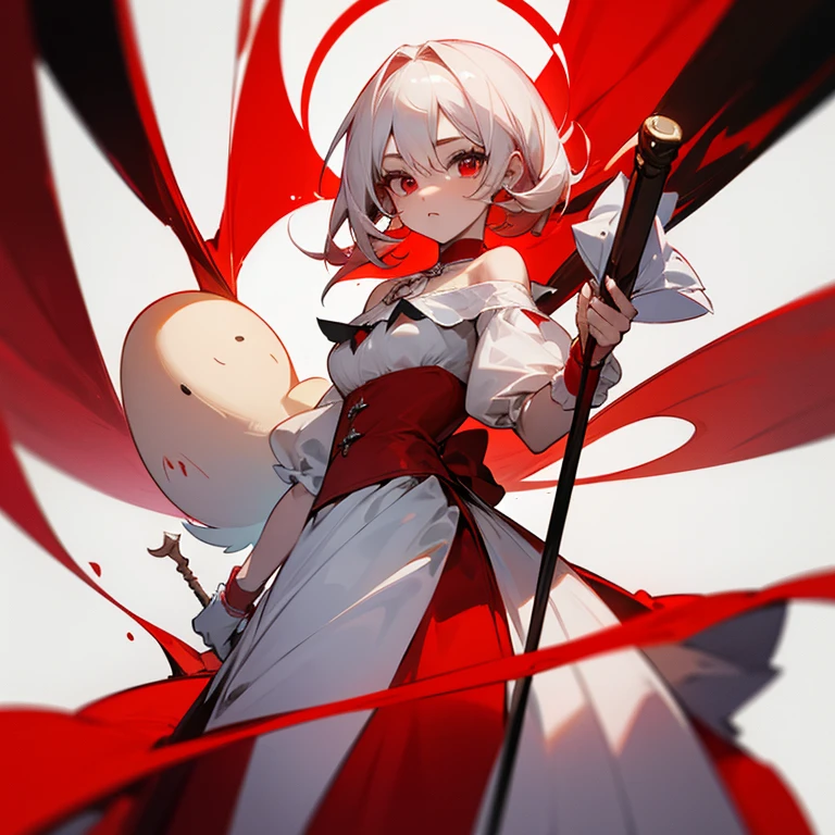 1 Chica, piel blanca, cabello rojo, ojos rojos sangre, vestido rojo, vestido corto, with a red and white cane