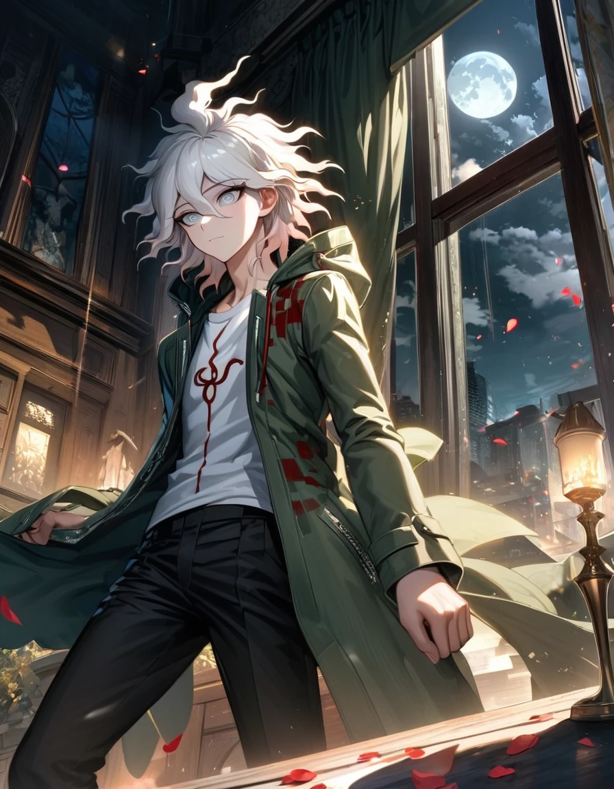 Ultra detailed, Highres, absurdres, HDR, Komaeda Nagito, white hair, silver eyes, green long coat, white t-shirt, black pants, Danganronpa 2, 1 man only, moon, window, petals, handsome