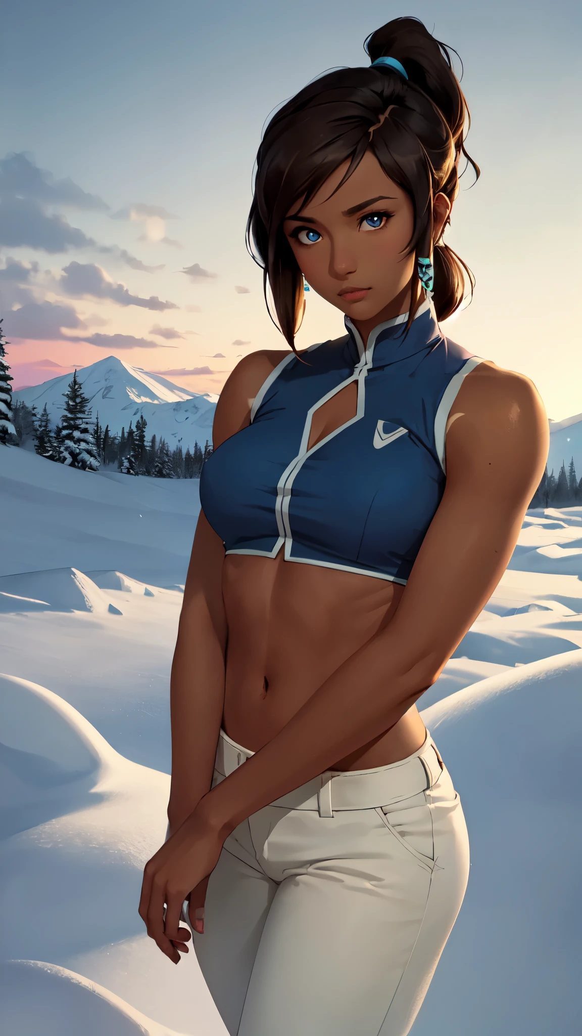 (korra:1.2), muscular woman, (ponytail, hair tubes:1.2), sleeveless, bare shoulders, brown hair, blue eyes, dark blue pants, winter background, snow, winter village, (tan skin, dark skin, dark-skinned female:1.5), (realistic:1.2),  (masterpiece:1.2), (full-body-shot:1.2),(Cowboy-shot:1.2), neon lighting, dark romantic lighting, (highly detailed:1.2),(detailed face:1.2), (gradients), colorful, detailed eyes, (detailed landscape:1.2), (natural lighting:1.2),(detailed background), detailed landscape, (cute pose:1.2), solo, close up, 