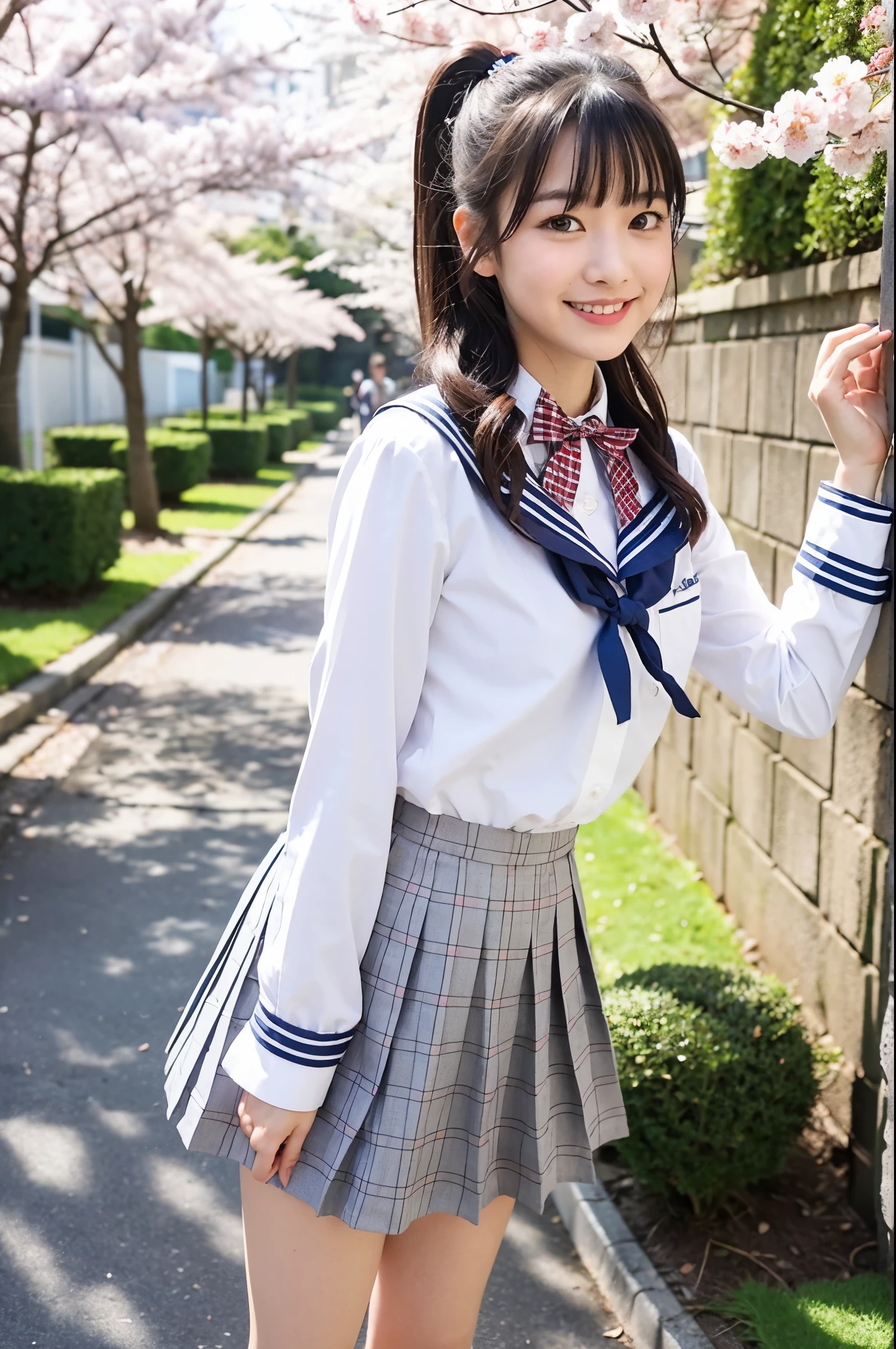 girls walking in cherry blossom street,white long-sleeved sailor dress with gray plaid pleated skirt,bow tie,white high socks,shool bag,18-year-old,bangs,a little smile,thighs,knees,low ponytail with barrette,from below,front light