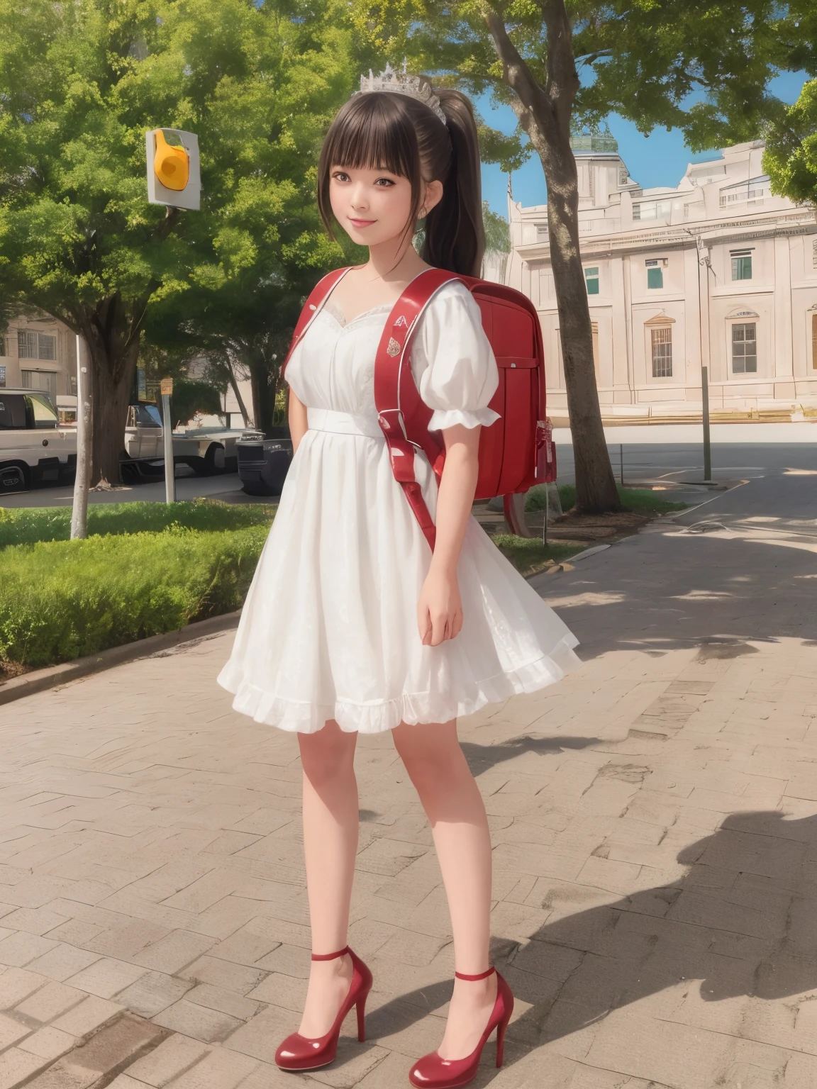 masterpiece, best quality, realistic, high resolution, extremely detailed, detailed background, cinematic lighting, 1girl, looking at viewer, wear high heel shoes, princess costume, princess dress, wear crown, looking at viewer, medium hair, smile, brown hair, puffy sleeves, outdoor, park, kingdom, ponytail, full body, wearing  randoseru backpack, ( randoseru backpack:1.0),  dress,  standing