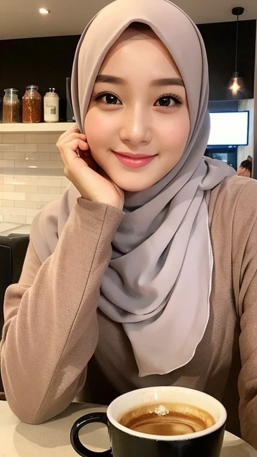 （lifelike， High resolution：1.3）， 1 Girl with perfect body， very detailed face and eyes，hijab, indonesian：1.2, whole body, beautiful, cafe, cute face, smile