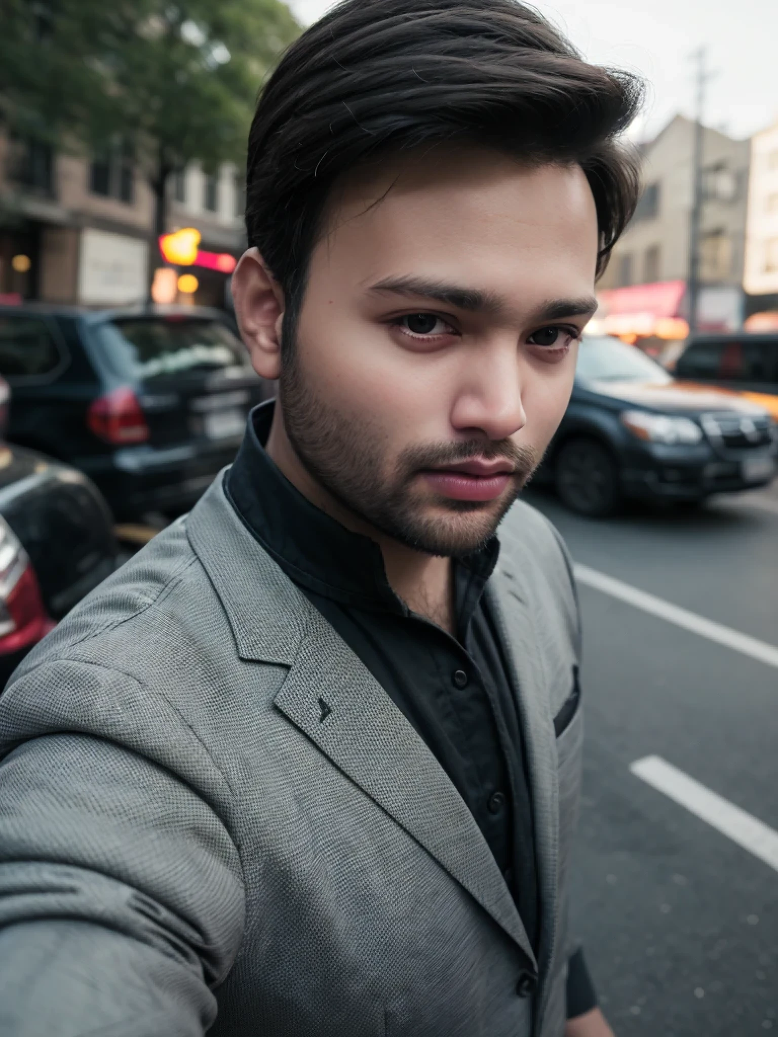 A beautiful young bearded man with highly detailed skin looking at the camera,8k,high res, soft light,no contrast,ultra realistic, photorealism.((real life photo,realistic:1.9, short beard:1)),(wearing black suits looking at right)