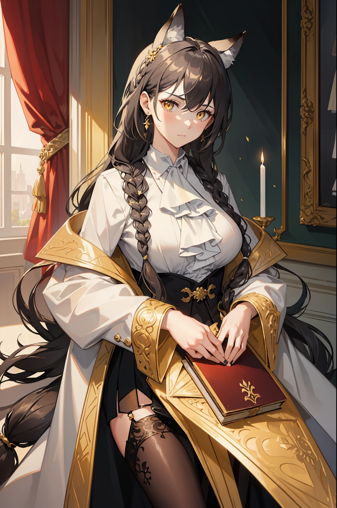 (best quality:1.3), (masterpiece:1.3), (illustration:1.3), (ultra-detailed:1.3), ((Best quality)), animal ears, wolf ears, extra ears, long hair, dark gray hair, wolf girl, yellow eyes, ascot, white ascot, hair between eyes, closed mouth, jewelry, bangs, large breasts, indoors, standing, ((serious expression, slanted eyes)), white long pants, black suit, coat, mature, holding a book, tall, braid, french braid, elegant, hair ornaments, golden diadem on head,