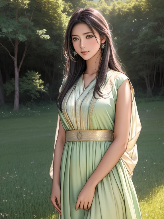 (best quality, highres, realistic:1.37), ultra-detailed, a girl looking up at the Milky Way galaxy, wearing a flowing earth-toned ethnic costume, her eyes sparkling with wonder, full of hopes and dreams, a sense of serenity in her expression, surrounded by flickering stars, radiating a soft glow, the night sky painted with vibrant colors, magical and ethereal, the girl standing on a lush green meadow, a gentle breeze gently rustling her hair, a sense of tranquility and harmony in the peaceful scenery.