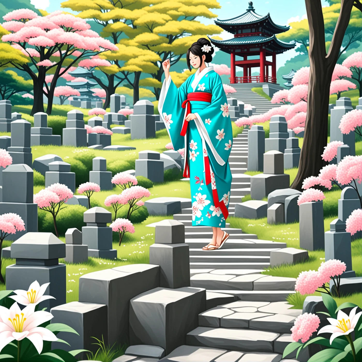 bender, solo, from above, (white lily flowers), aesthetic, intricate, best quality, detailed background, Bender, ((bender wearing a patterned teal kimono:1.2)), (walking in Graveyard on hell),  casual pose, detailed textures, posing, floral print, hair flower, hair ornament, korean clothes, kimono, obi, outdoors, pagoda, petals, (teal kimono), sash, shrine, sky, stone stairs, torii, wide sleeves, yukata 