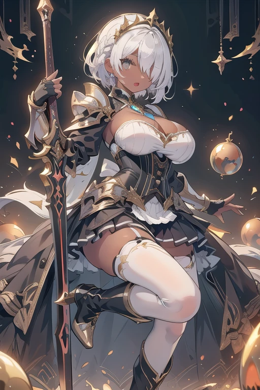 1girl, thighhighs, solo, white-hair, high-heels, short-hair, weapon, boots, gray-eyes, thigh-boots, breasts, corset, (golden cover), armor, gloves, open-mouth, headdress, white-thighhighs, skirt, looking-at-viewer, dress, jewelry, holding, braid, ((big breasts) 1:1), fingerless-gloves, lips, glowing, ((Dark-Skin)), ((golden-ornaments) 1:1) (((White-socks))), ((bangs-covering-one_eye)), thick thighs
