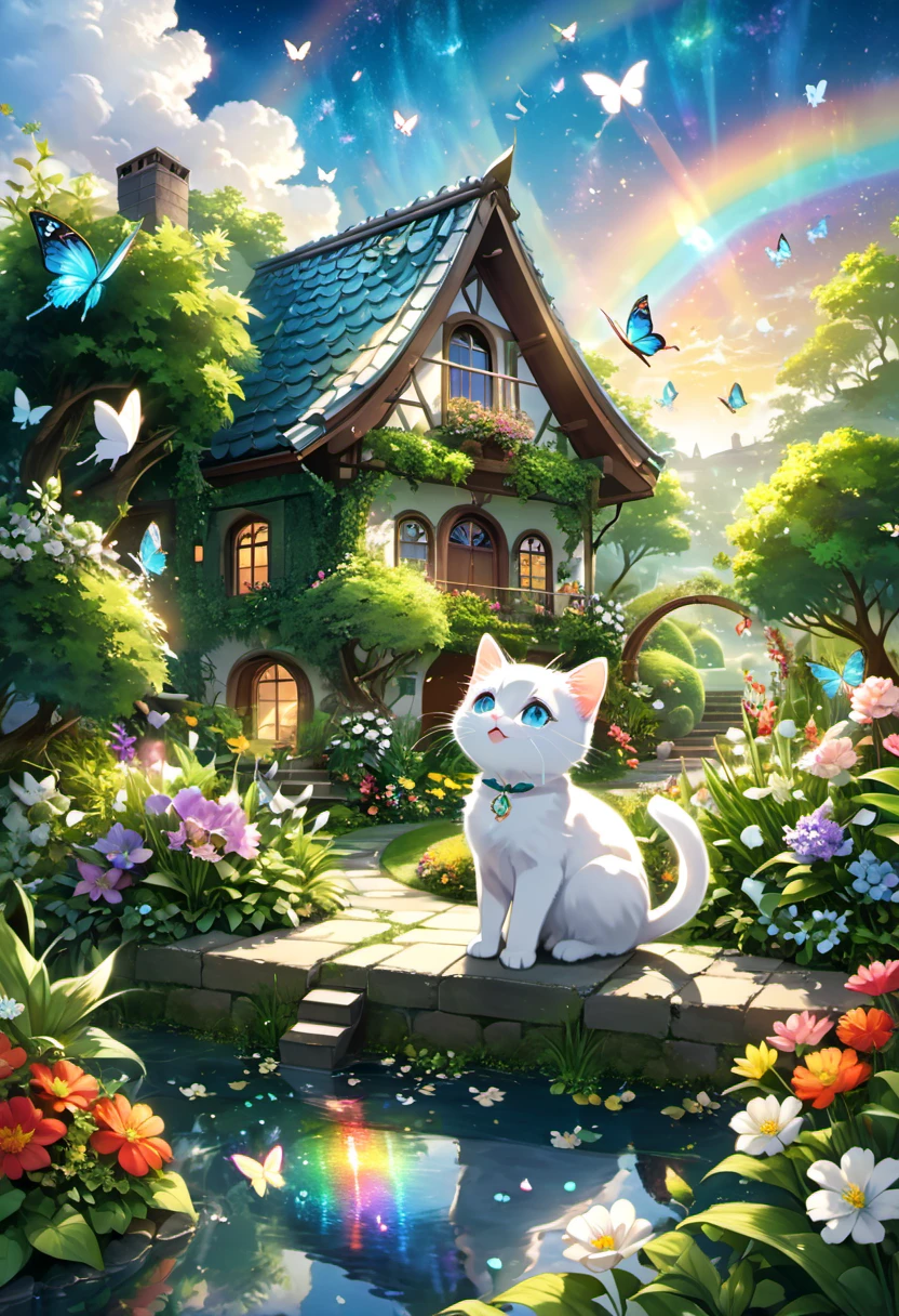 This scene is very fascinating。A girl and a white kitten are in a beautiful garden。 The girl is looking at the white kitten with amusement。The white kitten is having fun trying to catch a butterfly。 The garden is decorated with lush greenery and colorful flowers.。The garden is bathed in spring sunlight, giving it a warm glow.。A bright number of people surround a white kitten々Butterflies are flying。The flying butterflies create a lively atmosphere.。 The white kitten is expressive、The detailed fur and unique folded ears add to its charm.。The gardens are beautifully maintained、Neatly trimmed bushes and々Various plants are arranged。The stream&#39;s crystal clear water reflects the serene environment.、Colorful facade of house in the distance々adds a bit of whimsy to the scene.。 The scene has an atmosphere of tranquility and contemplation.、Expressing the world of high fantasy。Guardian nebula of rainbow light and silvery vapor、The colors of the Corrosive Encirclement Ray family fill the sky、There is a slimy feeling in the air.。A beautiful piece of artwork that exudes a mysterious aura.。