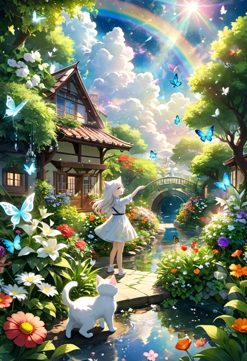 This scene is very fascinating。A girl and a white kitten are in a beautiful garden。 The girl is looking at the white kitten with amusement。The white kitten is having fun trying to catch a butterfly。 The garden is decorated with lush greenery and colorful flowers.。The garden is bathed in spring sunlight, giving it a warm glow.。A bright number of people surround a white kitten々Butterflies are flying。The flying butterflies create a lively atmosphere.。 The white kitten is expressive、The detailed fur and unique folded ears add to its charm.。The gardens are beautifully maintained、Neatly trimmed bushes and々Various plants are arranged。The stream&#39;s crystal clear water reflects the serene environment.、Colorful facade of house in the distance々adds a bit of whimsy to the scene.。 The scene has an atmosphere of tranquility and contemplation.、Expressing the world of high fantasy。Guardian nebula of rainbow light and silvery vapor、The colors of the Corrosive Encirclement Ray family fill the sky、There is a slimy feeling in the air.。A beautiful piece of artwork that exudes a mysterious aura.。