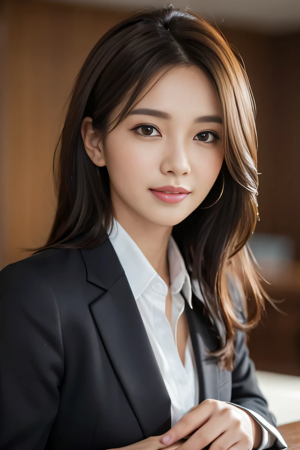 table top, highest quality, realistic, Super detailed, finely, High resolution, 8k wallpaper, 1 beautiful woman,, light brown messy hair, wearing a business suit, sharp focus, perfect dynamic composition, finely beautiful eyes, thin hair, Detailed and realistic skin texture, smile, close-up portrait, model body shape