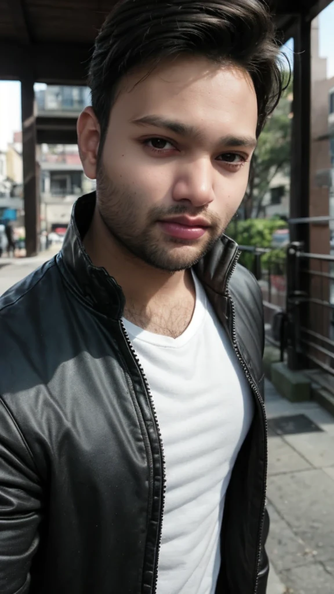 A beautiful young bearded man with highly detailed skin looking at the camera,8k,high res, soft light,no contrast,ultra realistic, photorealism.((real life photo,realistic:1.9, short beard:1)),(wearing black suits looking at right)