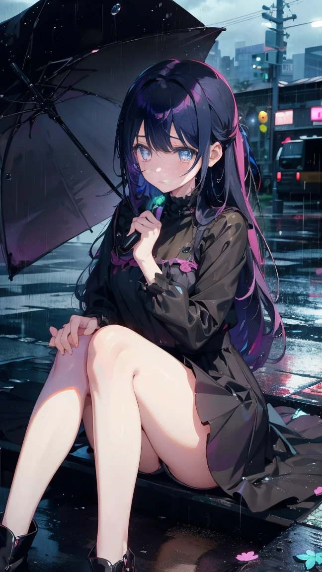 1 anime girl, alone,Black petals flutter, A mysteriously shining butterfly.city,vivid hair,Vivid gemstone eyes,thin legs,Gloomy cloudy sky,sad expression,very clear,highest quality,rainy city,have an umbrella,sitting on a street corner,Are crying,