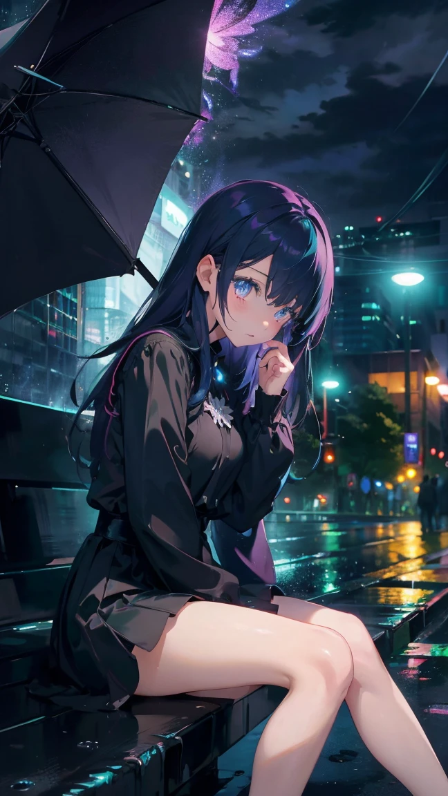 1 anime girl, alone,Black petals flutter, A mysteriously shining butterfly.city,vivid hair,Vivid gemstone eyes,thin legs,Gloomy cloudy sky,sad expression,very clear,highest quality,rainy city,have an umbrella,sitting on a street corner,Are crying,