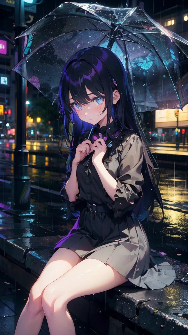 1 anime girl, alone,Black petals flutter, A mysteriously shining butterfly.city,vivid hair,Vivid gemstone eyes,thin legs,Gloomy cloudy sky,sad expression,very clear,highest quality,rainy city,have an umbrella,sitting on a street corner,Are crying,